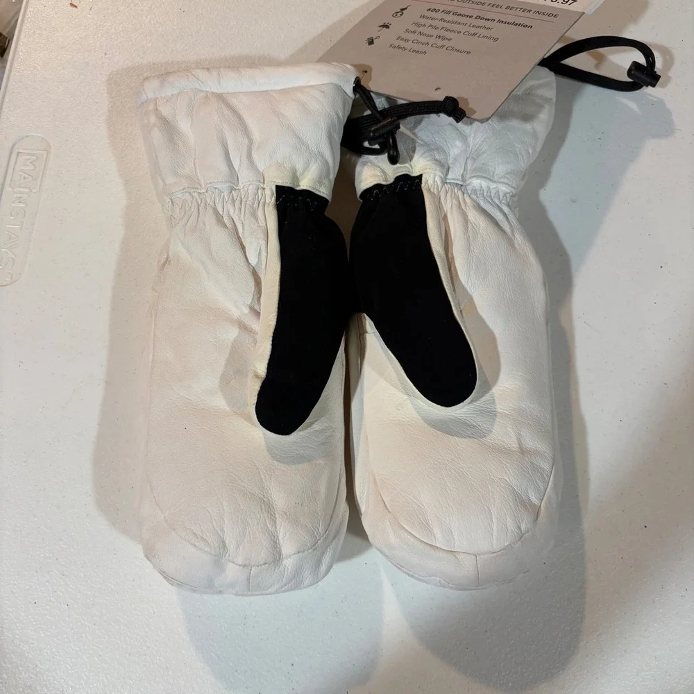 Obermeyer Leather Down Mitten White Quilted 600 Fill Goose Down Large 18047Z